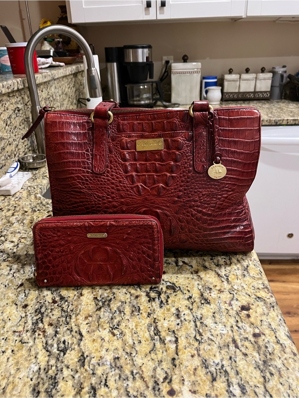 Brahmin Deep Red Croc-Embossed Leather Shoulder Tote with Matching Wallet